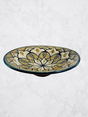 Vintage Signed Moroccan Hand Painted Footed Ceramic Bowl Wall Hanging Teal Black